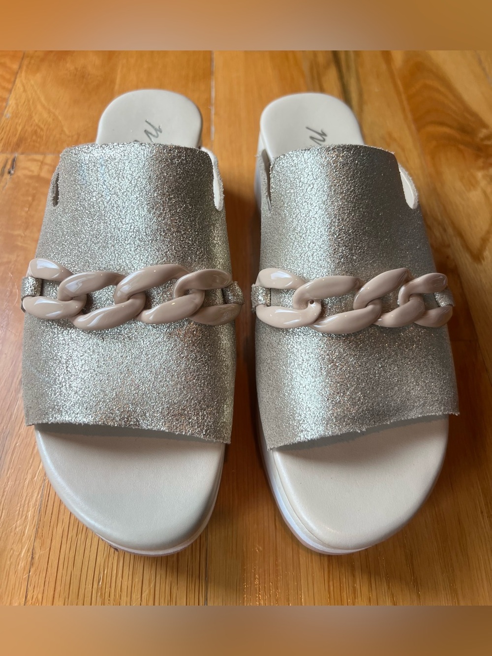 Women's Metallic Gold Sandals with Nude Chain Accent